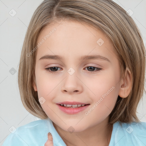 Joyful white child female with medium  brown hair and brown eyes