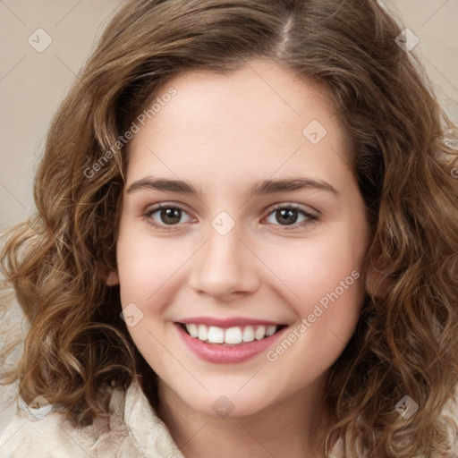 Joyful white young-adult female with medium  brown hair and green eyes