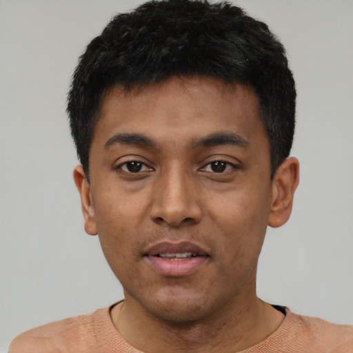Neutral latino young-adult male with short  black hair and brown eyes