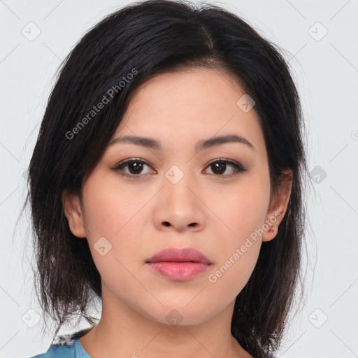 Neutral asian young-adult female with medium  brown hair and brown eyes