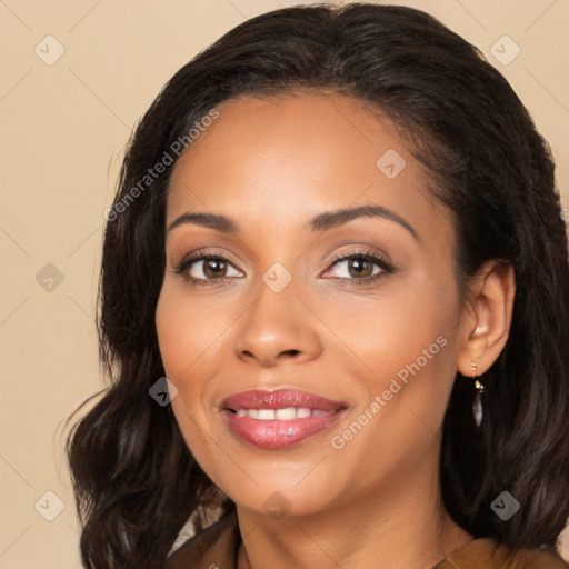 Joyful latino young-adult female with long  brown hair and brown eyes