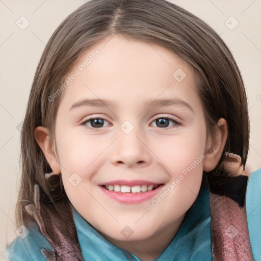 Joyful white child female with medium  brown hair and brown eyes