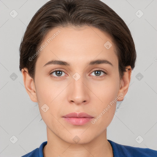 Neutral white young-adult female with short  brown hair and brown eyes