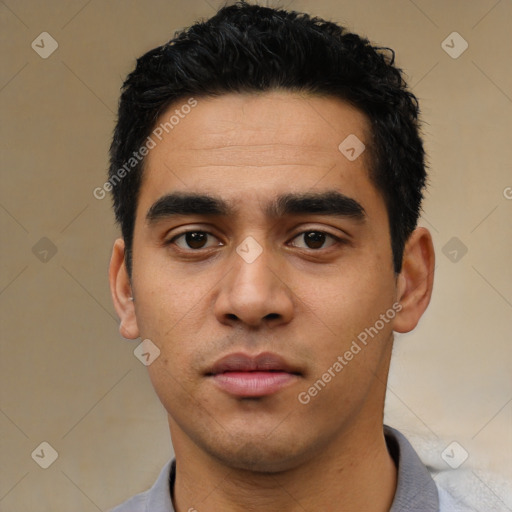 Neutral latino young-adult male with short  black hair and brown eyes