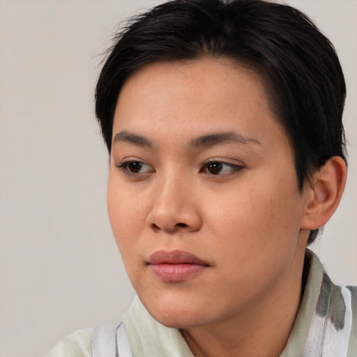 Neutral asian young-adult female with short  brown hair and brown eyes
