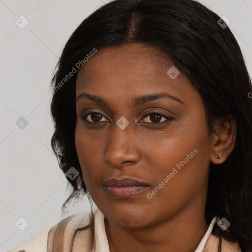 Joyful black young-adult female with medium  brown hair and brown eyes