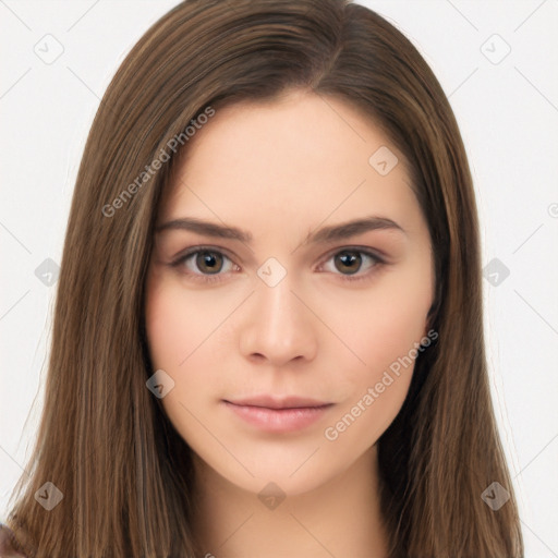 Neutral white young-adult female with long  brown hair and brown eyes