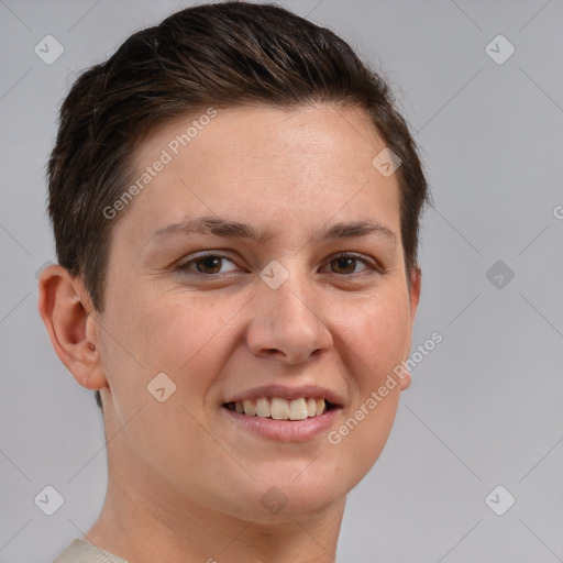 Joyful white young-adult female with short  brown hair and brown eyes