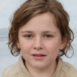 Joyful white child female with medium  brown hair and grey eyes