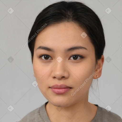 Neutral asian young-adult female with medium  brown hair and brown eyes