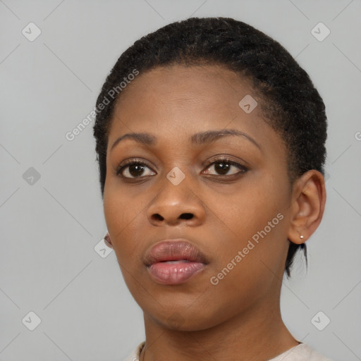 Neutral black young-adult female with short  black hair and brown eyes