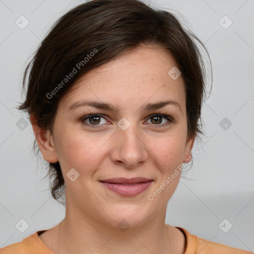 Joyful white young-adult female with medium  brown hair and brown eyes