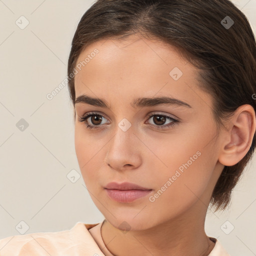 Neutral white young-adult female with medium  brown hair and brown eyes