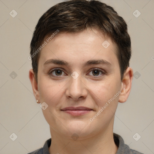 Joyful white young-adult female with short  brown hair and brown eyes