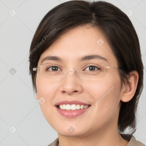 Joyful white young-adult female with medium  brown hair and brown eyes