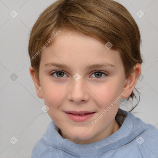 Joyful white child female with short  brown hair and brown eyes