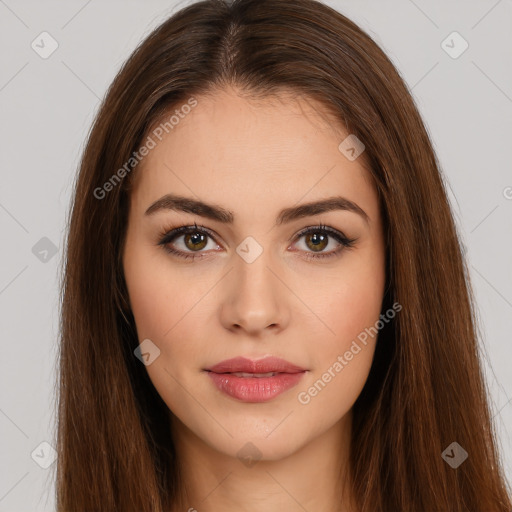 Joyful white young-adult female with long  brown hair and brown eyes