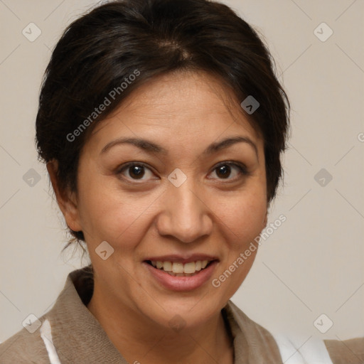 Joyful white adult female with medium  brown hair and brown eyes