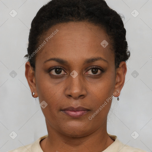 Neutral black young-adult female with short  black hair and brown eyes
