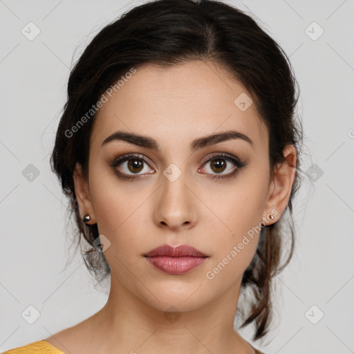 Neutral white young-adult female with medium  brown hair and brown eyes