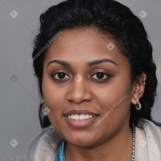 Joyful latino young-adult female with long  black hair and brown eyes