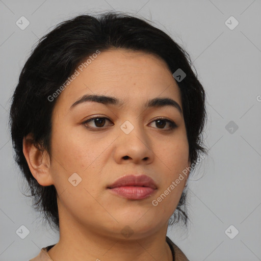 Neutral asian young-adult female with medium  black hair and brown eyes