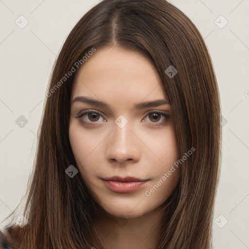 Neutral white young-adult female with long  brown hair and brown eyes