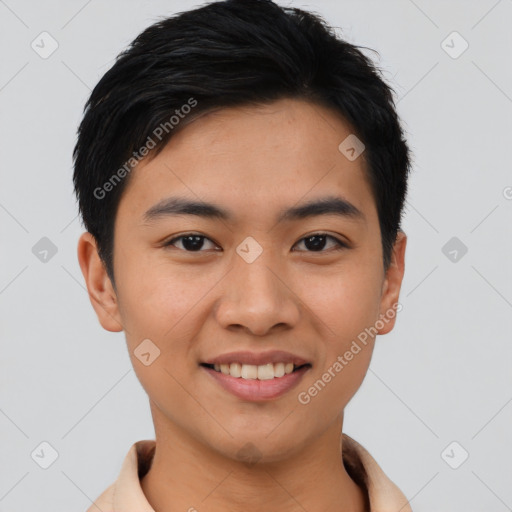 Joyful asian young-adult male with short  black hair and brown eyes