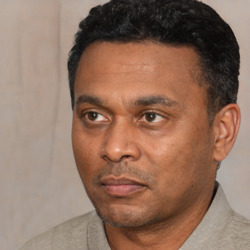 Neutral black adult male with short  black hair and brown eyes