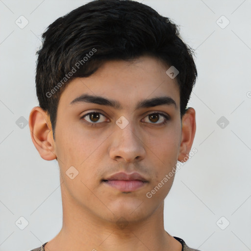 Neutral latino young-adult male with short  brown hair and brown eyes