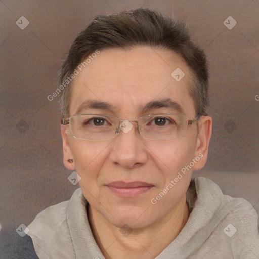 Joyful white adult female with short  brown hair and brown eyes