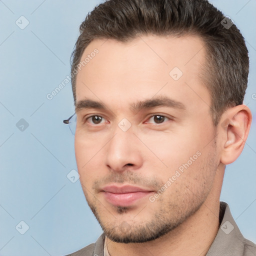 Neutral white young-adult male with short  brown hair and brown eyes