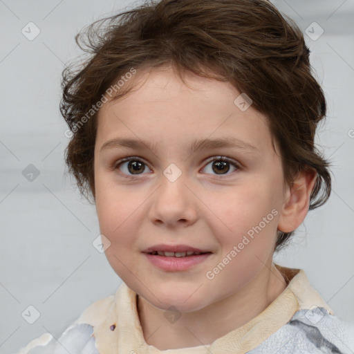 Joyful white child female with medium  brown hair and brown eyes