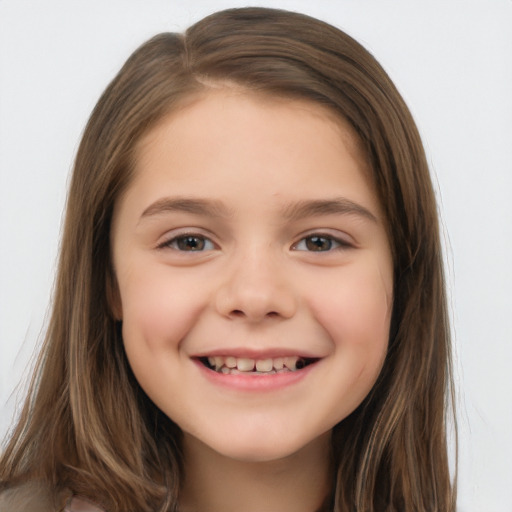 Joyful white child female with long  brown hair and brown eyes