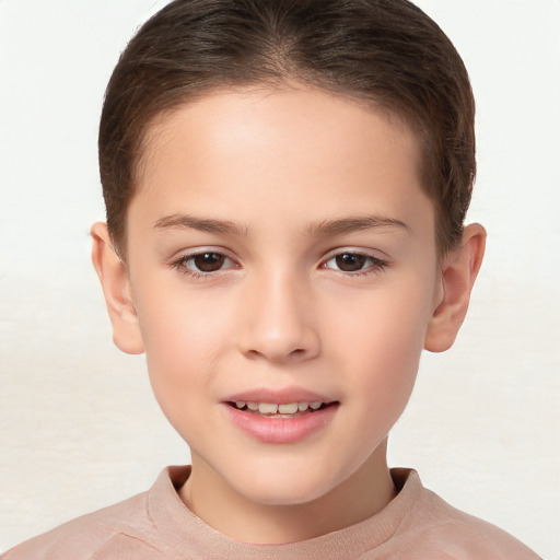 Joyful white child female with short  brown hair and brown eyes