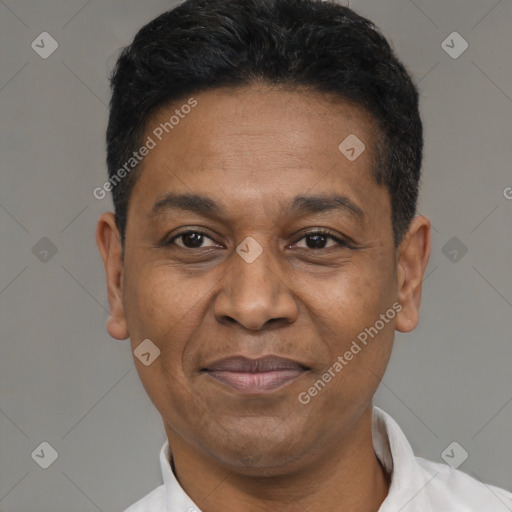 Joyful latino adult male with short  black hair and brown eyes