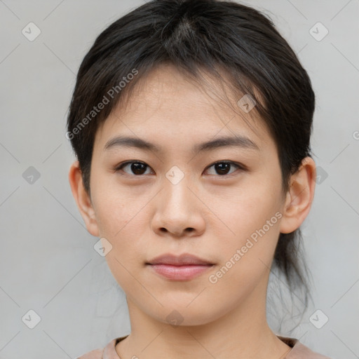 Neutral white young-adult female with medium  brown hair and brown eyes