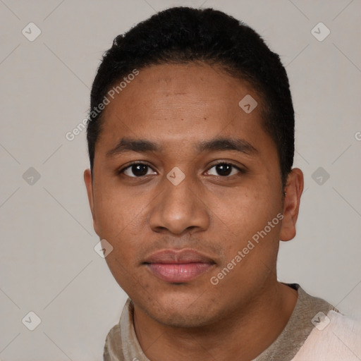 Neutral black young-adult male with short  black hair and brown eyes