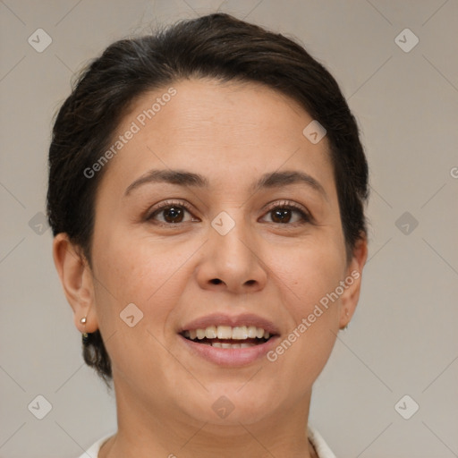 Joyful white young-adult female with short  brown hair and brown eyes