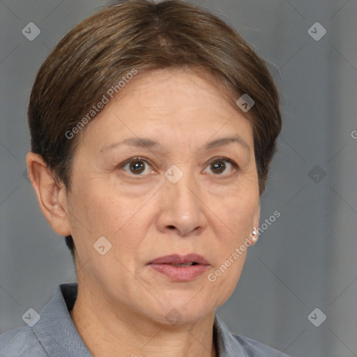 Joyful white adult female with short  brown hair and brown eyes