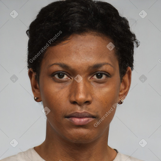 Neutral black young-adult female with short  black hair and brown eyes