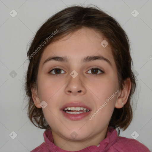 Joyful white child female with medium  brown hair and brown eyes