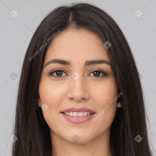 Joyful white young-adult female with long  brown hair and brown eyes