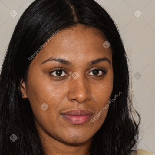 Joyful asian young-adult female with long  brown hair and brown eyes