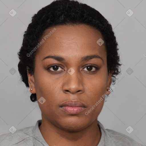 Neutral black young-adult female with short  black hair and brown eyes