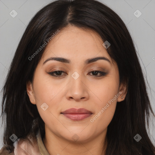 Joyful asian young-adult female with long  brown hair and brown eyes