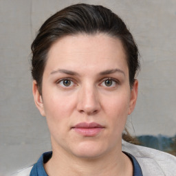 Neutral white young-adult female with short  brown hair and brown eyes