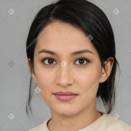 Joyful asian young-adult female with medium  black hair and brown eyes