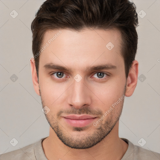 Neutral white young-adult male with short  brown hair and brown eyes