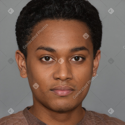 Neutral black young-adult male with short  black hair and brown eyes